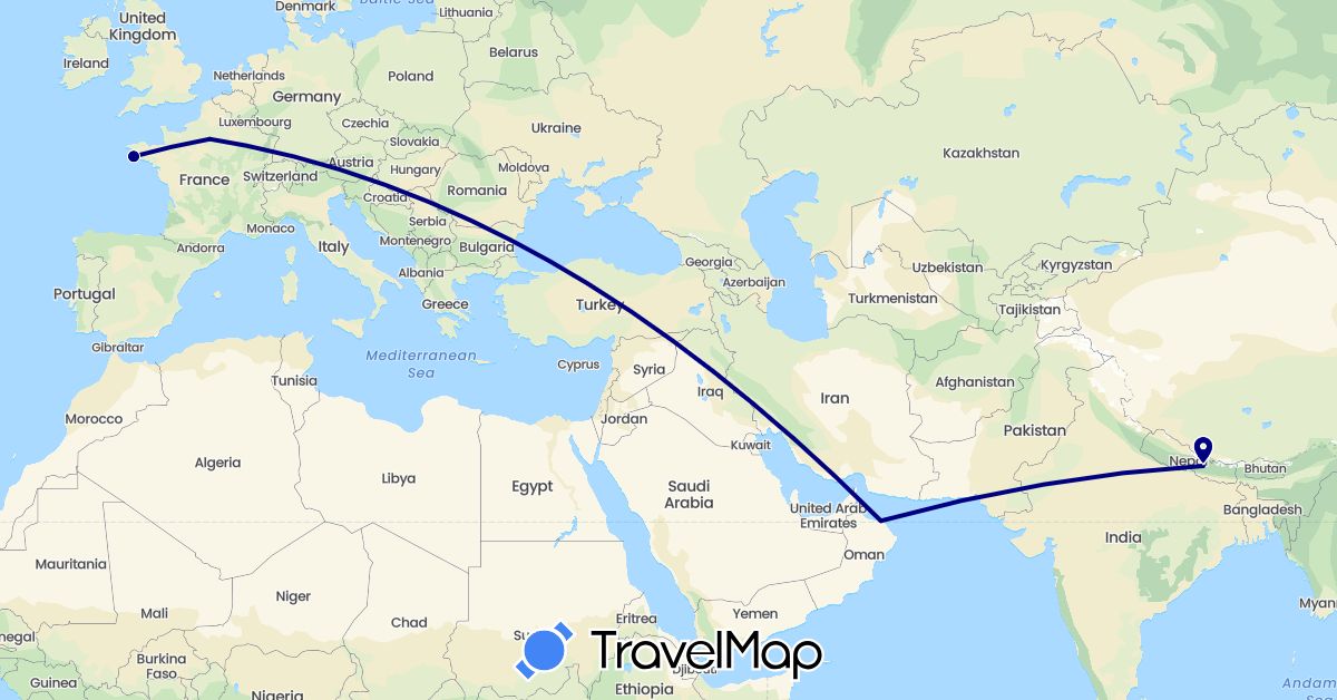 TravelMap itinerary: driving in France, Nepal, Oman (Asia, Europe)